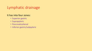 Lymphatic drainage
It has into four zones:
• Superior gastric
• Suprapyloric
• Pancreaticolienal
• Inferior gastric/subpyloric
 