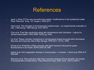 References
• Janis J, Kwon R The new reconstructive ladder: modifications to the traditional model.
Plast. Reconstr. Surg. 127 (suppl.): 2055,2011
• Davis et al. The strength of microvascular anastomoses – an experimental evaluation in
rats. J Microsurg. 1982 Spring; 3(3):156-61
• Chiu et al. Free flap monitoring using skin temperature strip indicators – adjunct to
clinical examination. PRS 2008 122(5) pg 144e.
• Lin et al. Tissue oximetry monitoring in microsurgical breast reconstruction decreases
flap loss and improves rate of flap salvage. PRS 2011 127(3), 1080
• Giunta et al. Prediction of flap necrosis with laser induced indocyanine green
fluorescence in rat model. BJPS 2005 58, 695
• Askari et al. Anti coagulation therapy in microsurgery – A review. J hand surg 2006;31A
836-846
• Machens et al. Flap perfusion after free musculocutaneous tissue transfer: the impact
of postoperative complications. Plast Reconstr Surg. 2000 June; 105(7):2395-9
 