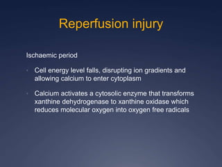 Reperfusion injury
Ischaemic period
• Cell energy level falls, disrupting ion gradients and
allowing calcium to enter cytoplasm
• Calcium activates a cytosolic enzyme that transforms
xanthine dehydrogenase to xanthine oxidase which
reduces molecular oxygen into oxygen free radicals
 