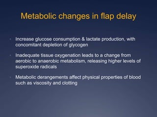 Metabolic changes in flap delay
• Increase glucose consumption & lactate production, with
concomitant depletion of glycogen
• Inadequate tissue oxygenation leads to a change from
aerobic to anaerobic metabolism, releasing higher levels of
superoxide radicals
• Metabolic derangements affect physical properties of blood
such as viscosity and clotting
 