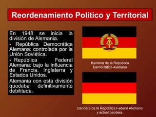 Reordenamiento Político y Territorial
En 1948 se inicia la
división de Alemania.
 República Democrática
Alemana: controlada por la
Unión Soviética.
 República Federal
Alemana: bajo la influencia
de Francia, Inglaterra y
Estados Unidos.
Alemania con esta división
quedaba definitivamente
debilitada.
Bandera de la República
Democrática Alemana
Bandera de la República Federal Alemana
y actual bandera.
 