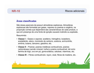 NR-10 Riscos adicionais
Áreas classificadas
São áreas passíveis de possuir atmosferas explosivas. Atmosferas
explosivas são formadas por gases, vapores ou poeiras e oxigênio, na
proporção correta que dependerá das características de cada produto, e
que em presença de uma fonte de ignição causará incêndio ou explosão.
Resumindo:
• Classe I – Gases e vapores: acetileno, hidrogênio, butadieno,
acetaldeído, eteno, monóxido de carbono, acetona, acrinonitrila,
amônia, butano, benzeno, gasolina, etc.
• Classe II – Poeiras: poeiras metálicas combustíveis, poeiras
carbonáceas (carvão mineral, hulha) e poeira combustível, tal como
farinha de trigo, ovo em pó, goma-arábica, celulose, vitaminas, etc.
• Classe III – Fibras combustíveis: rayon, sisal, fibras de madeira, etc.
 