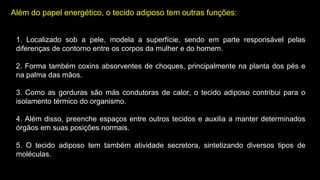 Além do papel energético, o tecido adiposo tem outras funções:
1. Localizado sob a pele, modela a superfície, sendo em parte responsável pelas
diferenças de contorno entre os corpos da mulher e do homem.
2. Forma também coxins absorventes de choques, principalmente na planta dos pés e
na palma das mãos.
3. Como as gorduras são más condutoras de calor, o tecido adiposo contribui para o
isolamento térmico do organismo.
4. Além disso, preenche espaços entre outros tecidos e auxilia a manter determinados
órgãos em suas posições normais.
5. O tecido adiposo tem também atividade secretora, sintetizando diversos tipos de
moléculas.
 