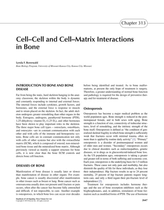 2647
Handbook of Cell Signaling, Three-Volume Set 2 ed.
Copyright © 2009 Elsevier Inc. All rights reserved.
2010
Cell–Cell and Cell–Matrix Interactions
in Bone
Lynda F. Bonewald
Bone Biology Program, University of Missouri-Kansas City, Kansas City, Missouri
Introduction to bone and bone
disease
Far from being the static, hard skeleton hanging in the anat-
omy classroom, the skeleton within the body is dynamic
and constantly responding to internal and external forces.
The internal forces include cytokines, growth factors, and
hormones, and the external force is response to muscle
and to strain placed on the skeleton. In fact, the adult skel-
eton undergoes greater remodeling than other organs in the
body. Estrogens, androgens, parathyroid hormone (PTH),
1,25-dihydroxy vitamin D3 (1,25 D3), and other hormones
have been shown to play important roles in the skeleton.
The three major bone cell types – osteoclasts, osteoblasts,
and osteocytes –are in constant communication with each
other and with cells of the immune and hemopoietic sys-
tems. Bone cells are in constant communication not only
with cells of other systems but also with the extracellular
matrix (ECM), which is composed of osteoid, non-mineral-
ized bone tissue and the mineralized bone matrix. Although
previously viewed as mainly a support structure for bone
cells, it is now clear than the bone ECM controls and
directs bone cell function.
Diseases of bone
Manifestation of bone disease is usually later or slower
than manifestation of disease in other organs. For exam-
ple, bone cancer is usually discovered after manifestation
in other tissues such as breast or lung. Bone cancer such as
osteosarcoma usually does not present until fracture or pain
occurs, often after the cancer has become fully entrenched
and difficult, if not impossible, to cure. Another example
is osteoporosis, in which bone loss can occur over decades
before being identified and treated. As to bone malfor-
mations, at present the only hope of treatment is surgery.
Therefore, a greater understanding of normal bone function
and pathology is required for the design of preventive ther-
apy and for treatment of disease.
Osteoporosis
Osteoporosis has become a major medical problem as the
world population ages. Bone strength is reduced in the post-
menopausal female, and in both sexes with aging. Bone
strength is a function of size, connectivity of trabecular struc-
tures, level of remodeling, and the intrinsic strength of the
bone itself. Osteoporosis is defined as “the condition of gen-
eralized skeletal fragility in which bone strength is sufficiently
weak that fractures occur with minimal trauma, often no
more than is applied by routine daily activity” [1]. “Primary”
osteoporosis is a disorder of postmenopausal women and
of older men and women. “Secondary” osteoporosis occurs
due to clinical disorders such as endocrinopathies, genetic
diseases, or to drugs as in glucocorticoid-induced bone loss.
As the US population ages, osteoporosis is taking a greater
and greater toll in terms of both suffering and economic cost.
Each year, osteoporosis is the underlying basis for 1.5 million
fractures. These cause not only pain and morbidity, but also
diminish the quality of life for these individuals, as they lose
their independence. Hip fracture results in up to 24 percent
mortality, 25 percent of hip fracture patients require long-
term care, and only a third regain their pre-fracture level of
independence [2].
Treatment for osteoporosis includes hormone ther-
apy and the use of bone resorption inhibitors such as the
bisphosphonates, and, in addition, stimulators of bone for-
mation such as modified forms of PTH. The use of hormone
Chapter 313
 