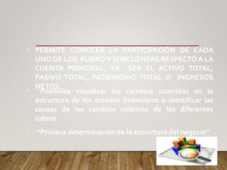 • PERMITE CONOCER LA PARTICIPACIÓN DE CADA
UNO DE LOS RUBRO Y SUBCUENTAS RESPECTO A LA
CUENTA PRINCIPAL, YA SEA EL ACTIVO TOTAL,
PASIVO TOTAL, PATRIMONIO TOTAL O INGRESOS
NETOS
• Posibilita visualizar los cambios ocurridos en la
•
estructura de los estados financieros e identificar las
causas de los cambios relativos de los diferentes
rubros.
“Primera determinación de la estructura del negocio”
 