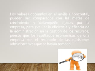 Los valores obtenidos en el análisis horizontal,
crecimiento y desempeño fijadas por
pueden ser comparados con las metas de
la
empresa, para evaluar la eficiencia y eficacia de
la administración en la gestión de los recursos,
puesto que los resultados económicos de una
empresa son el resultado de las decisiones
administrativas que se hayan tomado.
 