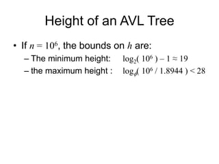 Height of an AVL Tree
• If n = 106, the bounds on h are:
– The minimum height: log2( 106 ) – 1 ≈ 19
– the maximum height : logf( 106 / 1.8944 ) < 28
 