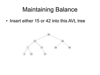 Maintaining Balance
• Insert either 15 or 42 into this AVL tree
 