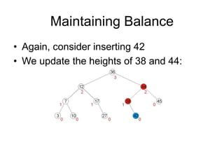 Maintaining Balance
• Again, consider inserting 42
• We update the heights of 38 and 44:
 