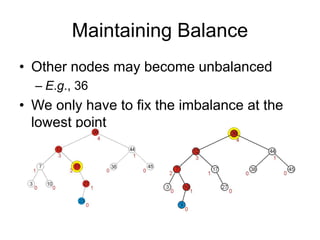 Maintaining Balance
• Other nodes may become unbalanced
– E.g., 36
• We only have to fix the imbalance at the
lowest point
 