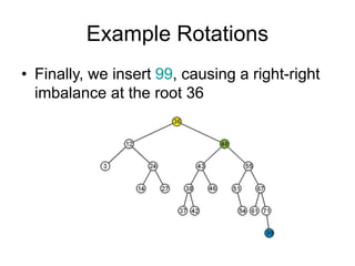 Example Rotations
• Finally, we insert 99, causing a right-right
imbalance at the root 36
 