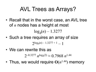 AVL Trees as Arrays?
• Recall that in the worst case, an AVL tree
of n nodes has a height at most
logf(n) – 1.3277
• Such a tree requires an array of size
2logf(n) – 1.3277 + 1 – 1
• We can rewrite this as
2–0.3277 nlogf(2) ≈ 0.7968 n1.44
• Thus, we would require O(n1.44) memory
 