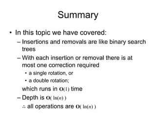Summary
• In this topic we have covered:
– Insertions and removals are like binary search
trees
– With each insertion or removal there is at
most one correction required
• a single rotation, or
• a double rotation;
which runs in O(1) time
– Depth is O( ln(n) )
∴ all operations are O( ln(n) )
 