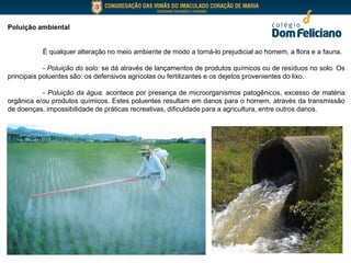 Poluição ambiental
É qualquer alteração no meio ambiente de modo a torná-lo prejudicial ao homem, a flora e a fauna.
- Poluição do solo: se dá através de lançamentos de produtos químicos ou de resíduos no solo. Os
principais poluentes são: os defensivos agrícolas ou fertilizantes e os dejetos provenientes do lixo.
- Poluição da água: acontece por presença de microorganismos patogênicos, excesso de matéria
orgânica e/ou produtos químicos. Estes poluentes resultam em danos para o homem, através da transmissão
de doenças, impossibilidade de práticas recreativas, dificuldade para a agricultura, entre outros danos.
 