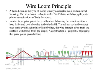 Wire Loom Principle
• A Wire-Loom is the type of Loom usually associated with Wilton carpet
weaving. The wire-loom is able to make Pile Fabrics with loop-pile, cut-
pile or combinations of both the above.
• In wire loom principle at the reed beat up following the wire insertion, a
loop is formed over the wire at the cloth fell. The wires stay in the carpet
over same cycles. After insertion of wires, the wire farthest away from the
shafts is withdrawn from the carpet. A construction of carpet by producing
this principle is given below:
Monday, March 6, 2023 10
 