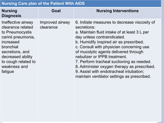 Nursing Care plan of the Patient With AIDS
Nursing
Diagnosis
Goal Nursing Interventions
Ineffective airway
clearance related
to Pneumocystis
carinii pneumonia,
increased
bronchial
secretions, and
decreased ability
to cough related to
weakness and
fatigue
Improved airway
clearance
6. Initiate measures to decrease viscosity of
secretions:
a. Maintain fluid intake of at least 3 L per
day unless contraindicated.
b. Humidify inspired air as prescribed.
c. Consult with physician concerning use
of mucolytic agents delivered through
nebulizer or IPPB treatment.
7. Perform tracheal suctioning as needed.
8. Administer oxygen therapy as prescribed.
9. Assist with endotracheal intubation;
maintain ventilator settings as prescribed.
 