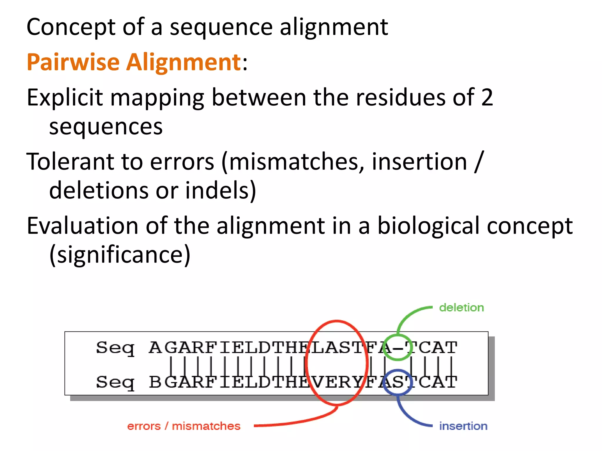 Concept of a sequence alignment
Pairwise Alignment:
Explicit mapping between the residues of 2
sequences
Tolerant to errors (mismatches, insertion /
deletions or indels)
Evaluation of the alignment in a biological concept
(significance)
 