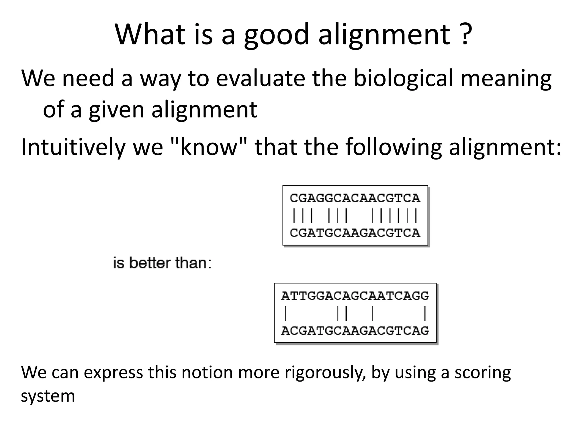 What is a good alignment ?
We need a way to evaluate the biological meaning
of a given alignment
Intuitively we "know" that the following alignment:
We can express this notion more rigorously, by using a scoring
system
 