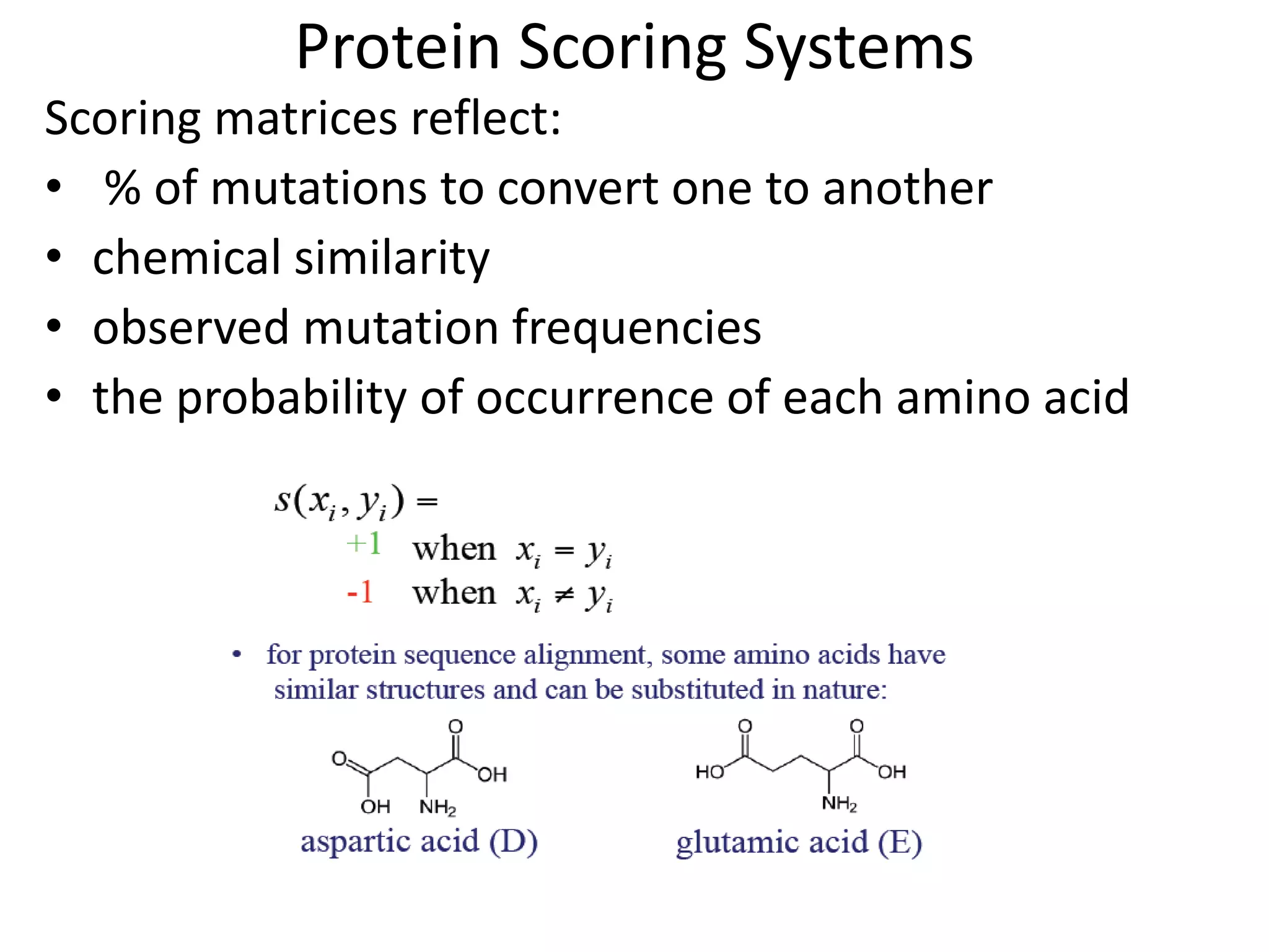 Protein Scoring Systems
Scoring matrices reflect:
• % of mutations to convert one to another
• chemical similarity
• observed mutation frequencies
• the probability of occurrence of each amino acid
 
