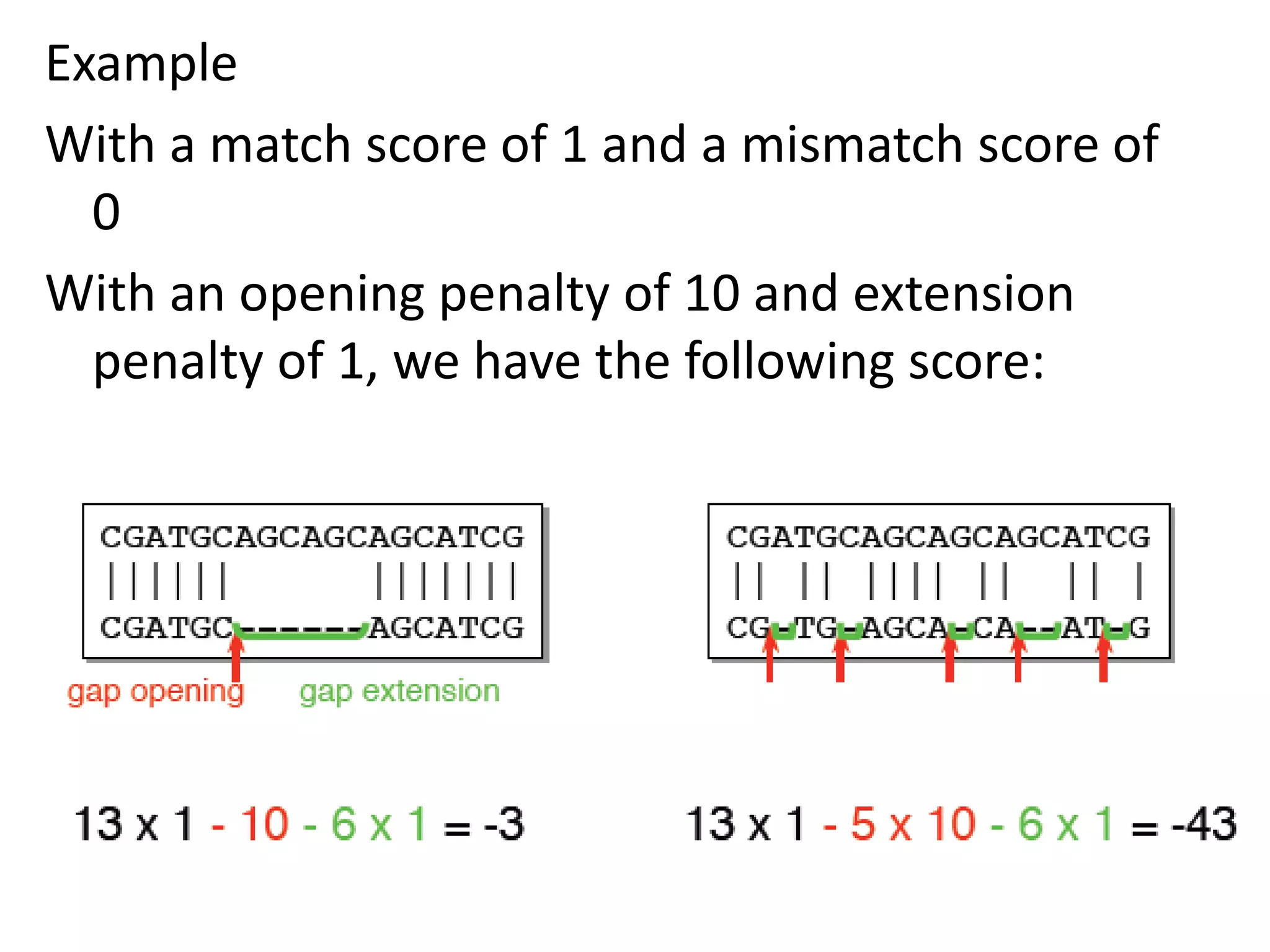 Example
With a match score of 1 and a mismatch score of
0
With an opening penalty of 10 and extension
penalty of 1, we have the following score:
 