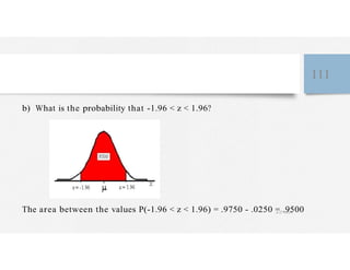 111
b) What is the probability that -1.96 < z < 1.96?
The area between the values P(-1.96 < z < 1.96) = .9750 - .0250 =7.9500
 