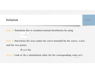 Solution 119
Step 1: Transform this to standard normal distribution by using
Step 2: Determine the area under the curve bounded by the curve, x-axis
and the two points.
P( a<z<b).
Step 3: Look at the z distribution table for the corresponding value of z.
4/27/2023
 
