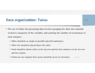 Data organization: Tables 26
• The use of tables for presenting data involves grouping the data into mutually
exclusive categories of the variable, and counting the number of occurrences to
each category
• Tables should be as simple as possible and self-explanatory
• Table title should be placed above the table.
• Totals should be shown either in the top row and the first column or in the last row
and last column
• If data are not original, their source should be given in a footnote 4/27/2023
 