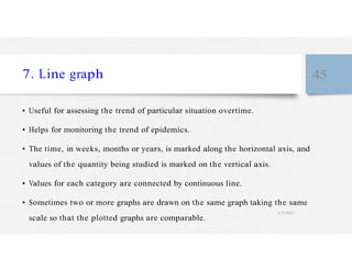 7. Line graph 45
• Useful for assessing the trend of particular situation overtime.
• Helps for monitoring the trend of epidemics.
• The time, in weeks, months or years, is marked along the horizontal axis, and
values of the quantity being studied is marked on the vertical axis.
• Values for each category are connected by continuous line.
• Sometimes two or more graphs are drawn on the same graph taking the same
scale so that the plotted graphs are comparable.
4/27/2023
 