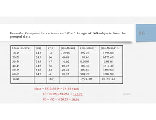 Example: Compute the variance and SD of the age of 169 subjects from the
grouped data.
86
Class interval (mi) (fi)
10-19 14.5 4
20-29 24.5 66
30-39 34.5 47
40-49 44.5 36
50-59 54.5 12
60-69 64.5 4
Total 169
(mi-Mean)
-19.98
-9-98
0.02
10.02
20.02
30.02
(mi-Mean)2
399.20
99.60
0.0004
100.40
400.80
901.20
1901.20
(mi-Mean)2 fi
1596.80
6573.60
0.0188
3614.40
4809.60
3604.80
20199.22
Mean = 5810.5/169 = 34.48 years
S2 = 20199.22/169-1 = 120.23 4/27/2023
SD = √S2 = √120.23 = 10.96
 