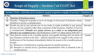 Scope of Supply – Section 7 of CGST Act
© Indirect Taxes Committee, ICAI
5
Section 7(1)(d) – Activities to be treated as supply of goods or supply of services – Schedule II
Sl No Matters Supply of
4 Transfer of business assets
(a) Transfer / Disposal of goods so as to no longer to form part of business assets,
whether or not for a consideration
Goods
(b) Goods are put to any private use or are used, or made available to any person
for use, for any purpose other than a purpose of the business, whether or not for
a consideration (Transfer of a going concern, as a whole or an independent part
thereof, is an exempted service vide Notification 12/2017-CT (Rate) dated 28.06.2017 )
Services
(c) Any person ceases to be a taxable person, any goods forming part of assets of
any business carried on by him – shall be deemed to be supply in the course or
furtherance of his business immediately before he ceases to be a taxable person,
except –
(a) Business is transferred as a going concern to another person; or
(b) Business is carried on by a personal representative who is deemed to be a
taxable person
Goods
 