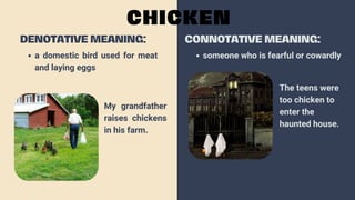 a domestic bird used for meat
and laying eggs
DENOTATIVE MEANING:
CHICKEN
CONNOTATIVE MEANING:
someone who is fearful or cowardly
My grandfather
raises chickens
in his farm.
The teens were
too chicken to
enter the
haunted house.
 