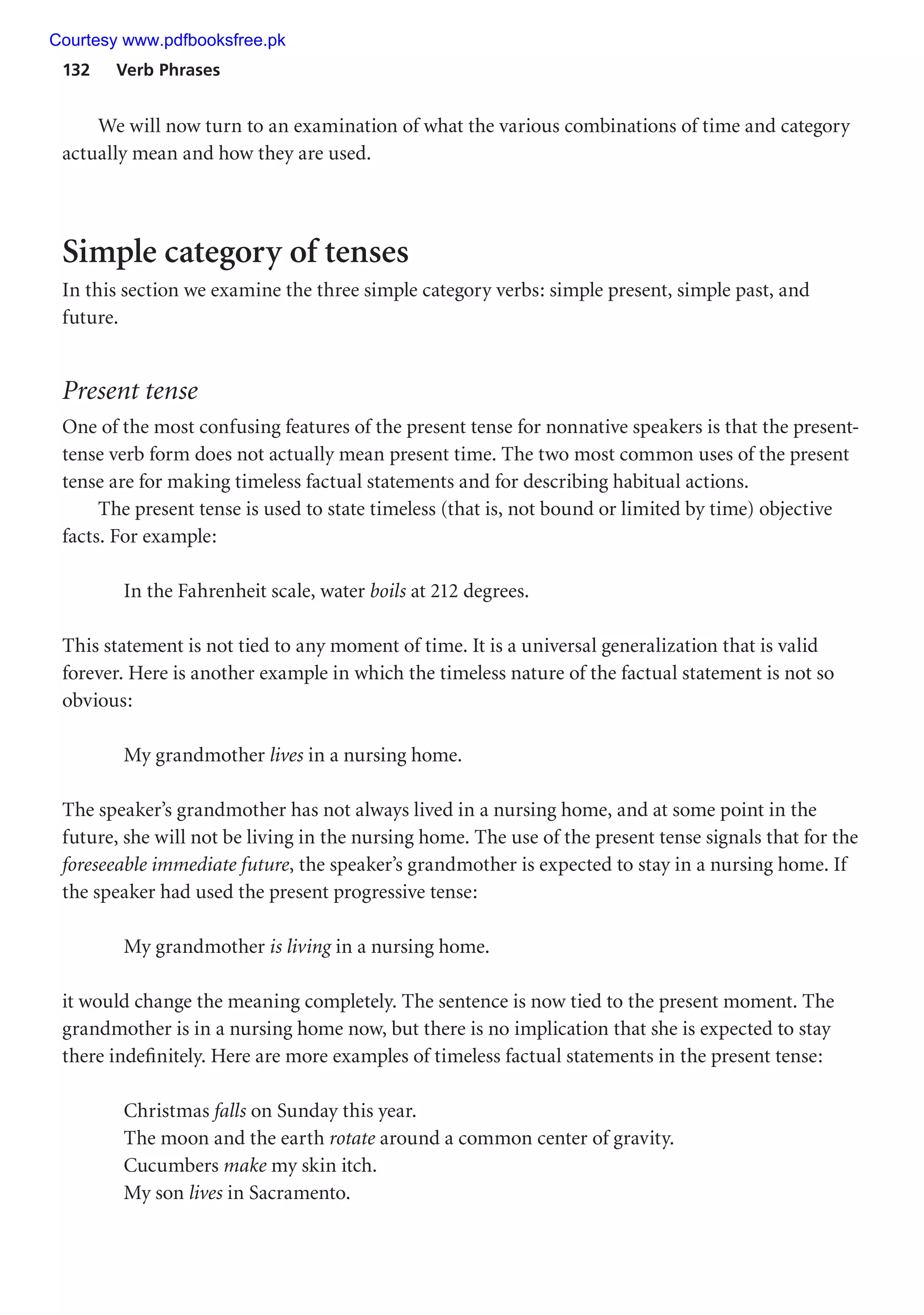 132 Verb Phrases
We will now turn to an examination of what the various combinations of time and category
actually mean and how they are used.
Simple category of tenses
In this section we examine the three simple category verbs: simple present, simple past, and
future.
Present tense
One of the most confusing features of the present tense for nonnative speakers is that the present-
tense verb form does not actually mean present time. The two most common uses of the present
tense are for making timeless factual statements and for describing habitual actions.
The present tense is used to state timeless (that is, not bound or limited by time) objective
facts. For example:
In the Fahrenheit scale, water boils at 212 degrees.
This statement is not tied to any moment of time. It is a universal generalization that is valid
forever. Here is another example in which the timeless nature of the factual statement is not so
obvious:
My grandmother lives in a nursing home.
The speaker’s grandmother has not always lived in a nursing home, and at some point in the
future, she will not be living in the nursing home. The use of the present tense signals that for the
foreseeable immediate future, the speaker’s grandmother is expected to stay in a nursing home. If
the speaker had used the present progressive tense:
My grandmother is living in a nursing home.
it would change the meaning completely. The sentence is now tied to the present moment. The
grandmother is in a nursing home now, but there is no implication that she is expected to stay
there indefinitely. Here are more examples of timeless factual statements in the present tense:
Christmas falls on Sunday this year.
The moon and the earth rotate around a common center of gravity.
Cucumbers make my skin itch.
My son lives in Sacramento.
Courtesy www.pdfbooksfree.pk
 