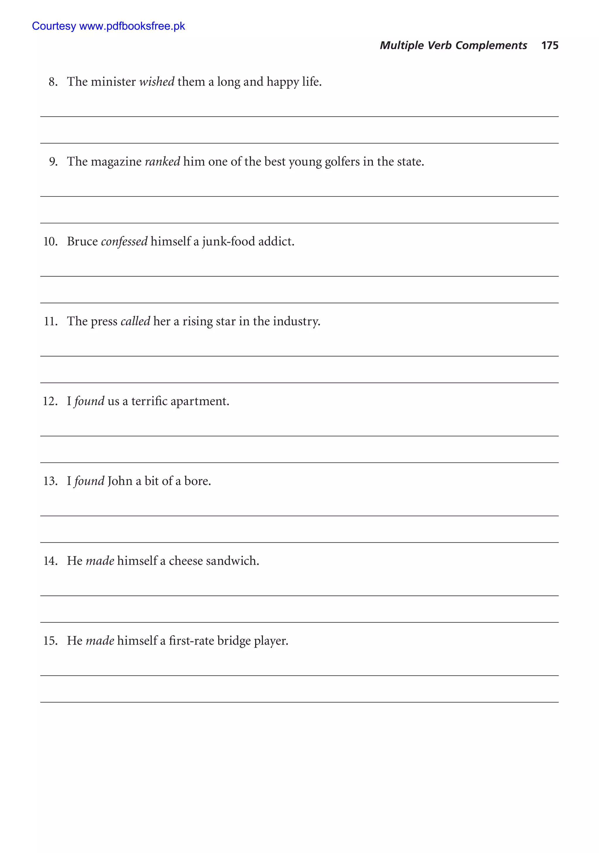 Multiple Verb Complements 175
8. The minister wished them a long and happy life.
9. The magazine ranked him one of the best young golfers in the state.
10. Bruce confessed himself a junk-food addict.
11. The press called her a rising star in the industry.
12. I found us a terrific apartment.
13. I found John a bit of a bore.
14. He made himself a cheese sandwich.
15. He made himself a first-rate bridge player.
Courtesy www.pdfbooksfree.pk
 