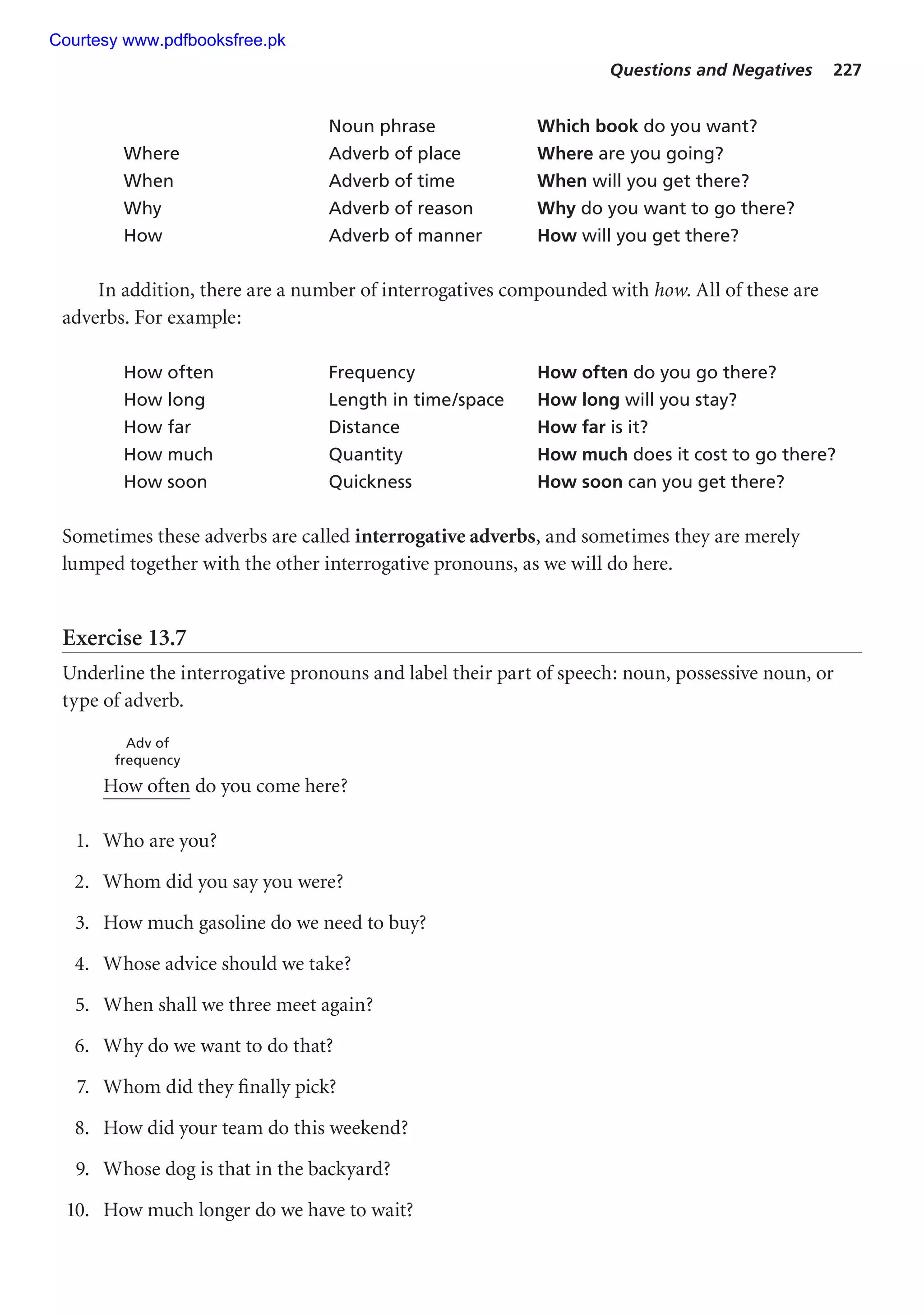 Questions and Negatives 227
Noun phrase Which book do you want?
Where Adverb of place Where are you going?
When Adverb of time When will you get there?
Why Adverb of reason Why do you want to go there?
How Adverb of manner How will you get there?
In addition, there are a number of interrogatives compounded with how. All of these are
adverbs. For example:
How often Frequency How often do you go there?
How long Length in time/space How long will you stay?
How far Distance How far is it?
How much Quantity How much does it cost to go there?
How soon Quickness How soon can you get there?
Sometimes these adverbs are called interrogative adverbs, and sometimes they are merely
lumped together with the other interrogative pronouns, as we will do here.
Exercise 13.7
Underline the interrogative pronouns and label their part of speech: noun, possessive noun, or
type of adverb.
Adv of
frequency
How often do you come here?
1. Who are you?
2. Whom did you say you were?
3. How much gasoline do we need to buy?
4. Whose advice should we take?
5. When shall we three meet again?
6. Why do we want to do that?
7. Whom did they finally pick?
8. How did your team do this weekend?
9. Whose dog is that in the backyard?
10. How much longer do we have to wait?
Courtesy www.pdfbooksfree.pk
 