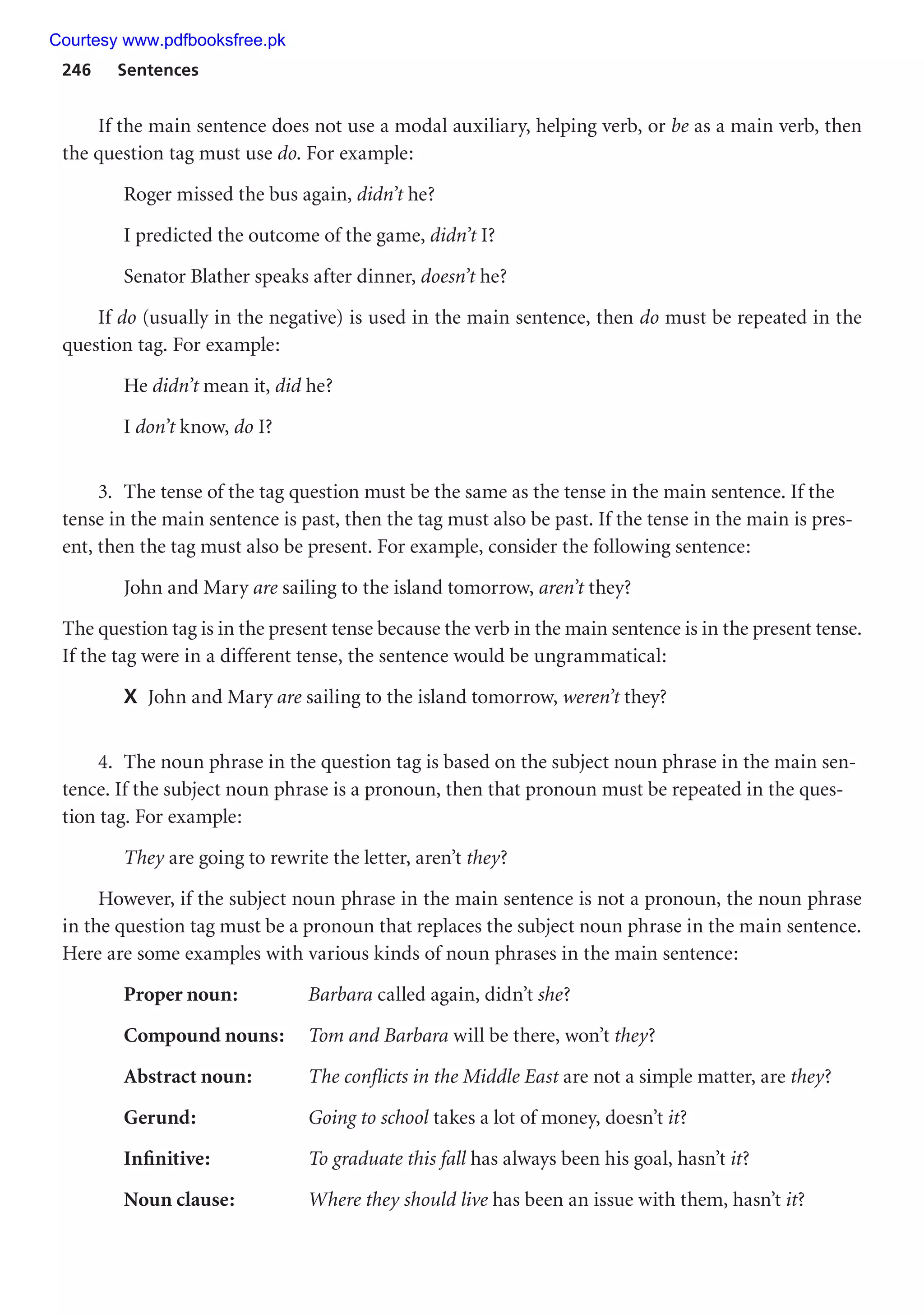 246 Sentences
If the main sentence does not use a modal auxiliary, helping verb, or be as a main verb, then
the question tag must use do. For example:
Roger missed the bus again, didn’t he?
I predicted the outcome of the game, didn’t I?
Senator Blather speaks after dinner, doesn’t he?
If do (usually in the negative) is used in the main sentence, then do must be repeated in the
question tag. For example:
He didn’t mean it, did he?
I don’t know, do I?
3. The tense of the tag question must be the same as the tense in the main sentence. If the
tense in the main sentence is past, then the tag must also be past. If the tense in the main is pres-
ent, then the tag must also be present. For example, consider the following sentence:
John and Mary are sailing to the island tomorrow, aren’t they?
The question tag is in the present tense because the verb in the main sentence is in the present tense.
If the tag were in a different tense, the sentence would be ungrammatical:
X John and Mary are sailing to the island tomorrow, weren’t they?
4. The noun phrase in the question tag is based on the subject noun phrase in the main sen-
tence. If the subject noun phrase is a pronoun, then that pronoun must be repeated in the ques-
tion tag. For example:
They are going to rewrite the letter, aren’t they?
However, if the subject noun phrase in the main sentence is not a pronoun, the noun phrase
in the question tag must be a pronoun that replaces the subject noun phrase in the main sentence.
Here are some examples with various kinds of noun phrases in the main sentence:
Proper noun: Barbara called again, didn’t she?
Compound nouns: Tom and Barbara will be there, won’t they?
Abstract noun: The conflicts in the Middle East are not a simple matter, are they?
Gerund: Going to school takes a lot of money, doesn’t it?
Infinitive: To graduate this fall has always been his goal, hasn’t it?
Noun clause: Where they should live has been an issue with them, hasn’t it?
Courtesy www.pdfbooksfree.pk
 
