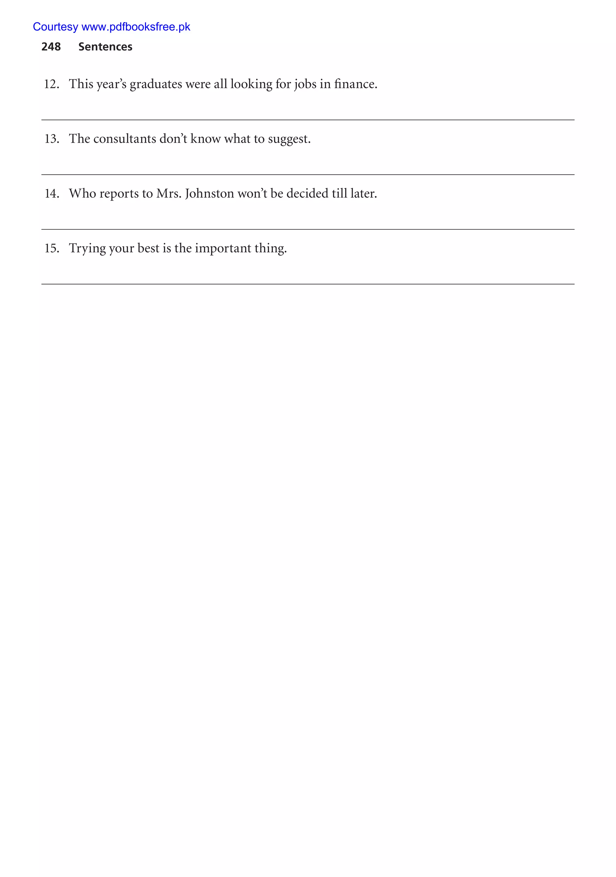 248 Sentences
12. This year’s graduates were all looking for jobs in finance.
13. The consultants don’t know what to suggest.
14. Who reports to Mrs. Johnston won’t be decided till later.
15. Trying your best is the important thing.
Courtesy www.pdfbooksfree.pk
 