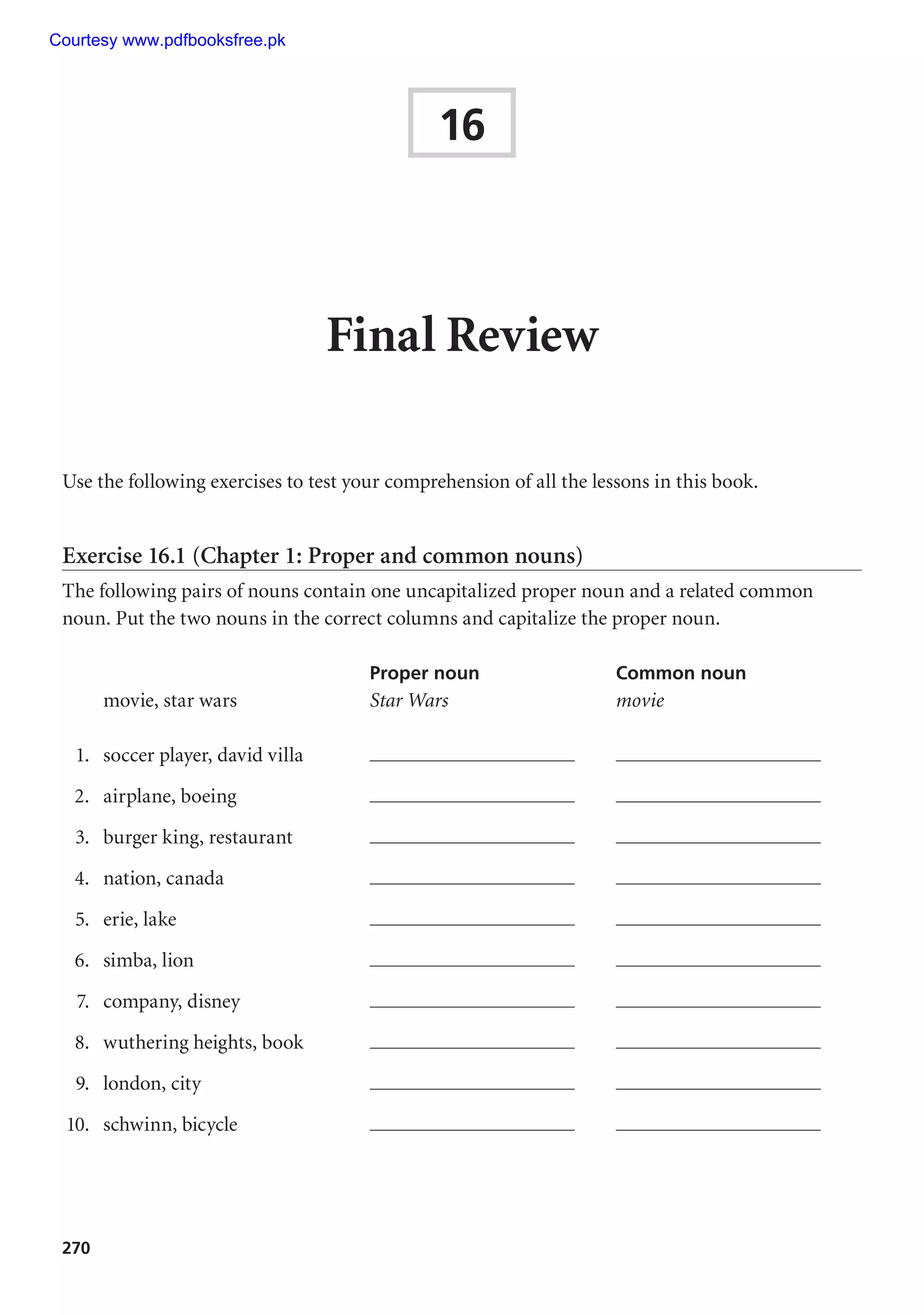 270
Final Review
Use the following exercises to test your comprehension of all the lessons in this book.
Exercise 16.1 (Chapter 1: Proper and common nouns)
The following pairs of nouns contain one uncapitalized proper noun and a related common
noun. Put the two nouns in the correct columns and capitalize the proper noun.
Proper noun Common noun
movie, star wars Star Wars movie
1. soccer player, david villa
2. airplane, boeing
3. burger king, restaurant
4. nation, canada
5. erie, lake
6. simba, lion
7. company, disney
8. wuthering heights, book
9. london, city
10. schwinn, bicycle
16
Courtesy www.pdfbooksfree.pk
 