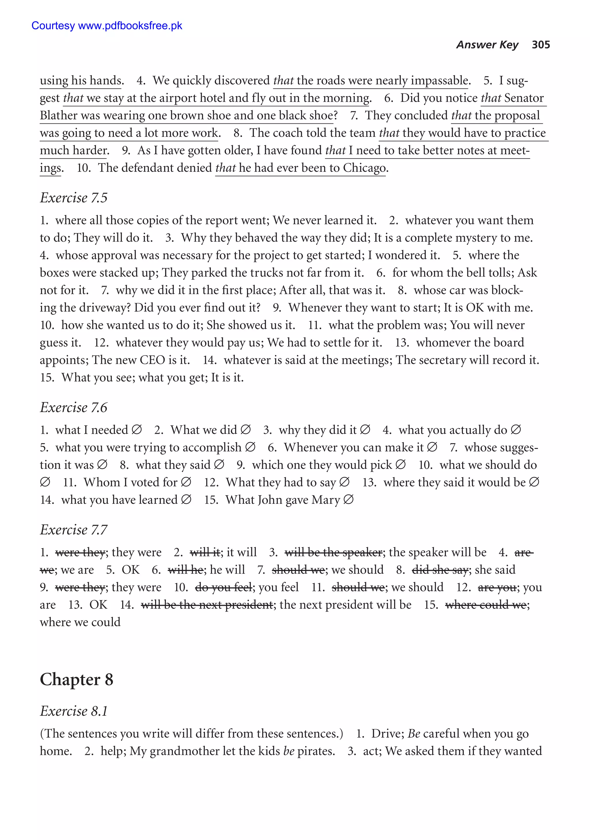 Answer Key 305
using his hands. 4. We quickly discovered that the roads were nearly impassable. 5. I sug-
gest that we stay at the airport hotel and fly out in the morning. 6. Did you notice that Senator
Blather was wearing one brown shoe and one black shoe? 7. They concluded that the proposal
was going to need a lot more work. 8. The coach told the team that they would have to practice
much harder. 9. As I have gotten older, I have found that I need to take better notes at meet-
ings. 10. The defendant denied that he had ever been to Chicago.
Exercise 7.5
1. where all those copies of the report went; We never learned it. 2. whatever you want them
to do; They will do it. 3. Why they behaved the way they did; It is a complete mystery to me.
4. whose approval was necessary for the project to get started; I wondered it. 5. where the
boxes were stacked up; They parked the trucks not far from it. 6. for whom the bell tolls; Ask
not for it. 7. why we did it in the first place; After all, that was it. 8. whose car was block-
ing the driveway? Did you ever find out it? 9. Whenever they want to start; It is OK with me.
10. how she wanted us to do it; She showed us it. 11. what the problem was; You will never
guess it. 12. whatever they would pay us; We had to settle for it. 13. whomever the board
appoints; The new CEO is it. 14. whatever is said at the meetings; The secretary will record it.
15. What you see; what you get; It is it.
Exercise 7.6
1. what I needed ∅ 2. What we did ∅ 3. why they did it ∅ 4. what you actually do ∅
5. what you were trying to accomplish ∅ 6. Whenever you can make it ∅ 7. whose sugges-
tion it was ∅ 8. what they said ∅ 9. which one they would pick ∅ 10. what we should do
∅ 11. Whom I voted for ∅ 12. What they had to say ∅ 13. where they said it would be ∅
14. what you have learned ∅ 15. What John gave Mary ∅
Exercise 7.7
1. were they; they were 2. will it; it will 3. will be the speaker; the speaker will be 4. are
we; we are 5. OK 6. will he; he will 7. should we; we should 8. did she say; she said
9. were they; they were 10. do you feel; you feel 11. should we; we should 12. are you; you
are 13. OK 14. will be the next president; the next president will be 15. where could we;
where we could
Chapter 8
Exercise 8.1
(The sentences you write will differ from these sentences.) 1. Drive; Be careful when you go
home. 2. help; My grandmother let the kids be pirates. 3. act; We asked them if they wanted
Courtesy www.pdfbooksfree.pk
 