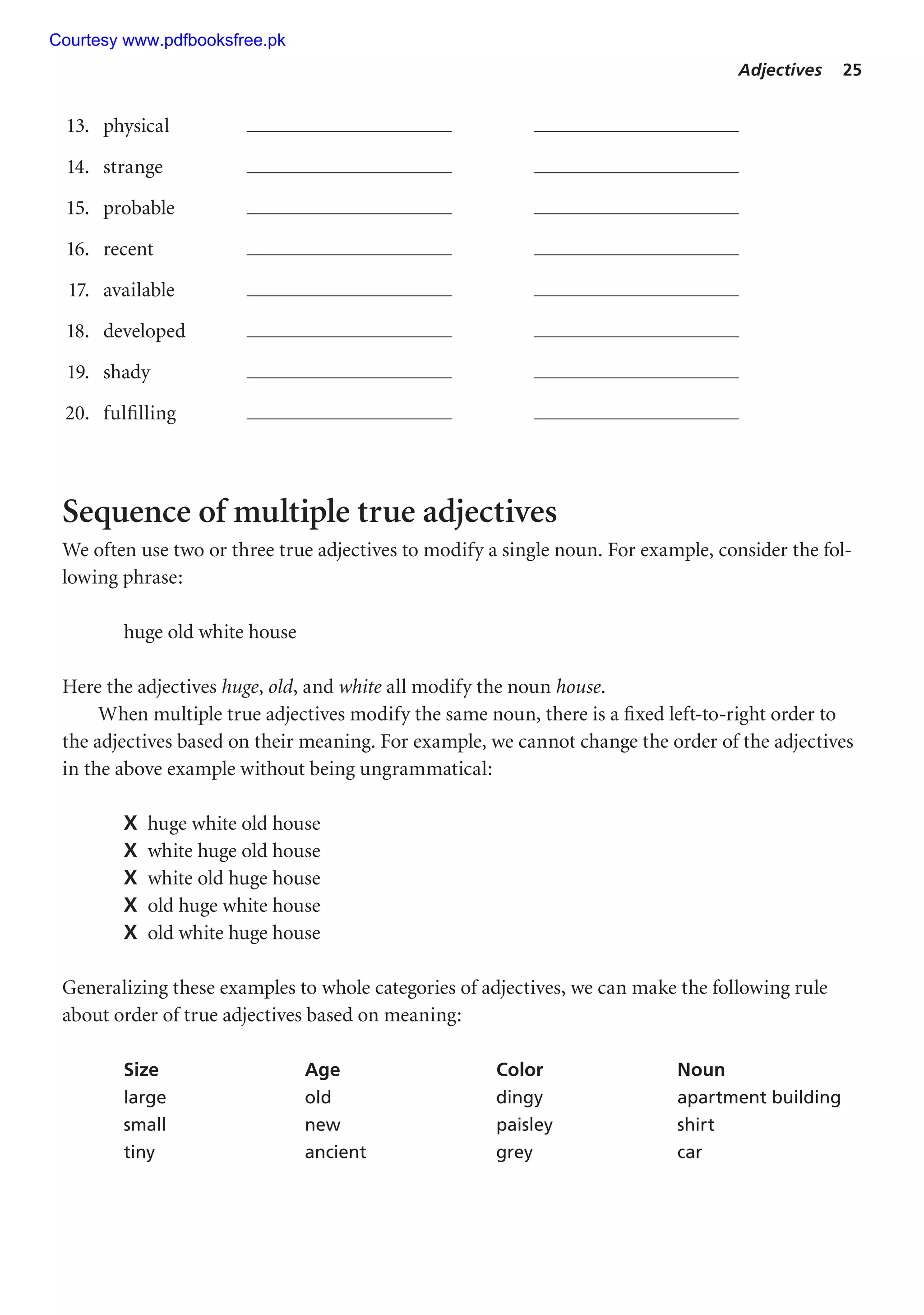 Adjectives 25
13. physical
14. strange
15. probable
16. recent
17. available
18. developed
19. shady
20. fulfilling
Sequence of multiple true adjectives
We often use two or three true adjectives to modify a single noun. For example, consider the fol-
lowing phrase:
huge old white house
Here the adjectives huge, old, and white all modify the noun house.
When multiple true adjectives modify the same noun, there is a fixed left-to-right order to
the adjectives based on their meaning. For example, we cannot change the order of the adjectives
in the above example without being ungrammatical:
X huge white old house
X white huge old house
X white old huge house
X old huge white house
X old white huge house
Generalizing these examples to whole categories of adjectives, we can make the following rule
about order of true adjectives based on meaning:
Size Age Color Noun
large old dingy apartment building
small new paisley shirt
tiny ancient grey car
Courtesy www.pdfbooksfree.pk
 