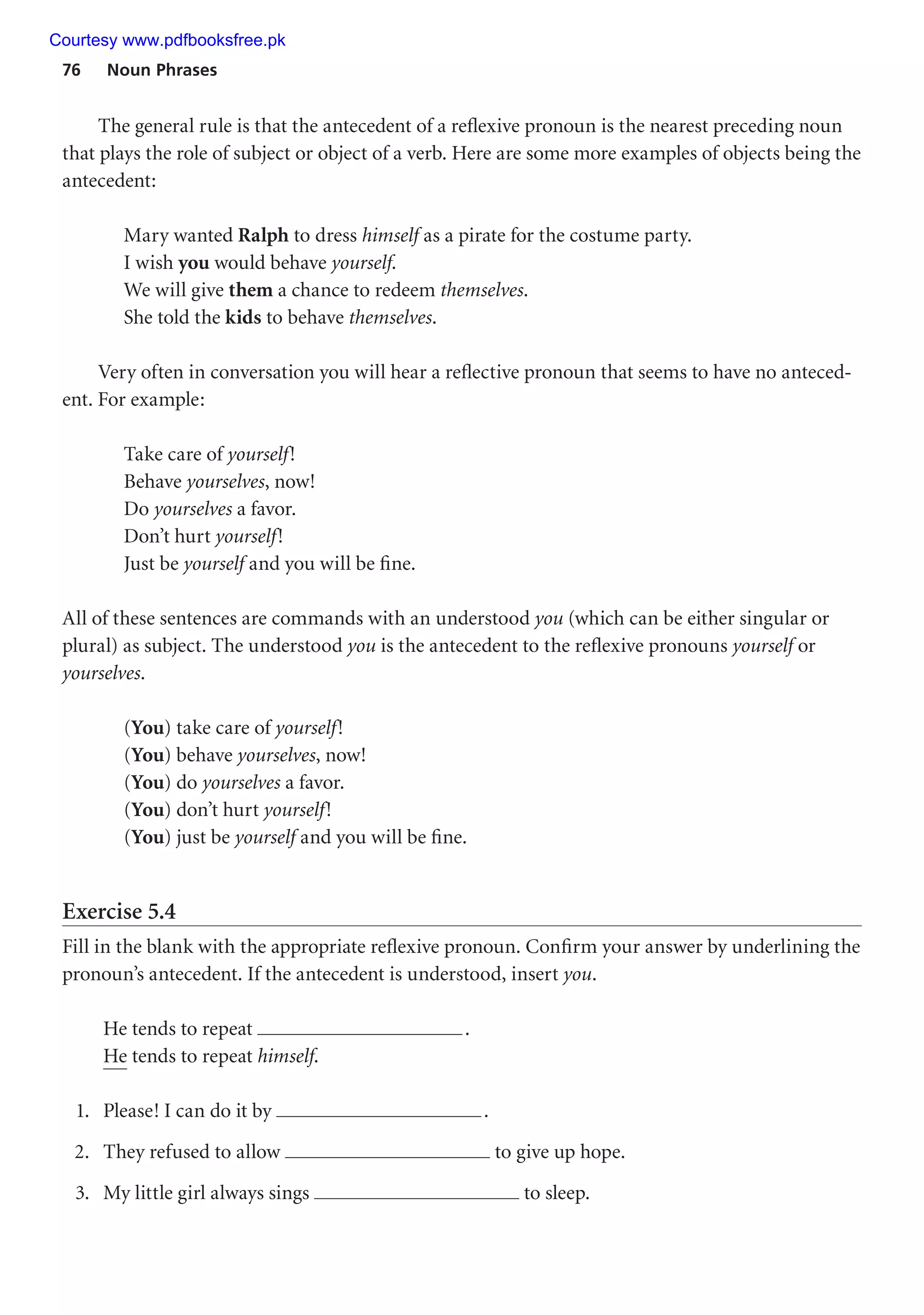 76 Noun Phrases
The general rule is that the antecedent of a reflexive pronoun is the nearest preceding noun
that plays the role of subject or object of a verb. Here are some more examples of objects being the
antecedent:
Mary wanted Ralph to dress himself as a pirate for the costume party.
I wish you would behave yourself.
We will give them a chance to redeem themselves.
She told the kids to behave themselves.
Very often in conversation you will hear a reflective pronoun that seems to have no anteced-
ent. For example:
Take care of yourself!
Behave yourselves, now!
Do yourselves a favor.
Don’t hurt yourself!
Just be yourself and you will be fine.
All of these sentences are commands with an understood you (which can be either singular or
plural) as subject. The understood you is the antecedent to the reflexive pronouns yourself or
yourselves.
(You) take care of yourself!
(You) behave yourselves, now!
(You) do yourselves a favor.
(You) don’t hurt yourself!
(You) just be yourself and you will be fine.
Exercise 5.4
Fill in the blank with the appropriate reflexive pronoun. Confirm your answer by underlining the
pronoun’s antecedent. If the antecedent is understood, insert you.
He tends to repeat .
He tends to repeat himself.
1. Please! I can do it by .
2. They refused to allow to give up hope.
3. My little girl always sings to sleep.
Courtesy www.pdfbooksfree.pk
 