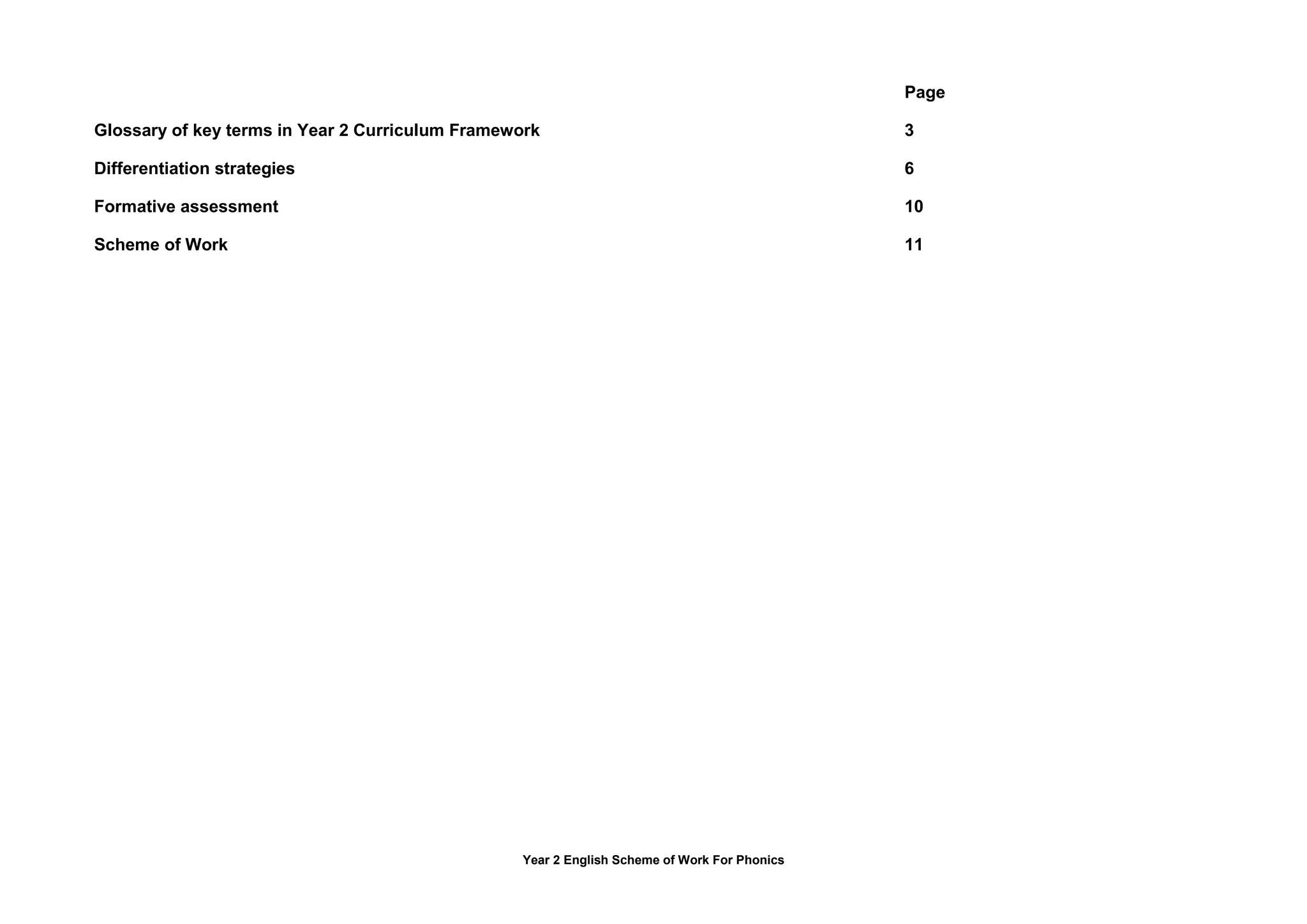 Year 2 English Scheme of Work For Phonics
Page
Glossary of key terms in Year 2 Curriculum Framework 3
Differentiation strategies 6
Formative assessment 10
Scheme of Work 11
 