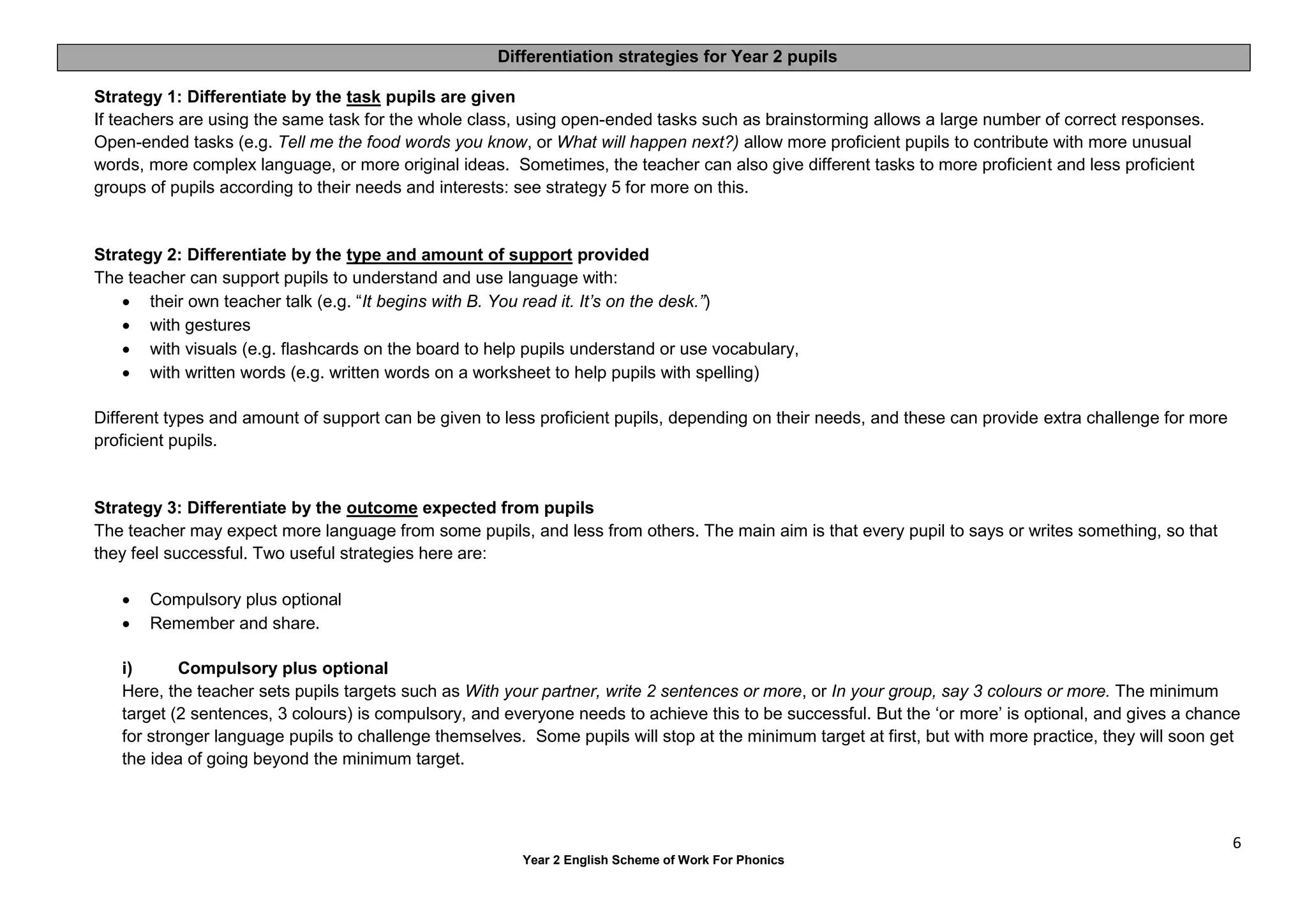 6
Year 2 English Scheme of Work For Phonics
Differentiation strategies for Year 2 pupils
Strategy 1: Differentiate by the task pupils are given
If teachers are using the same task for the whole class, using open-ended tasks such as brainstorming allows a large number of correct responses.
Open-ended tasks (e.g. Tell me the food words you know, or What will happen next?) allow more proficient pupils to contribute with more unusual
words, more complex language, or more original ideas. Sometimes, the teacher can also give different tasks to more proficient and less proficient
groups of pupils according to their needs and interests: see strategy 5 for more on this.
Strategy 2: Differentiate by the type and amount of support provided
The teacher can support pupils to understand and use language with:
 their own teacher talk (e.g. “It begins with B. You read it. It’s on the desk.”)
 with gestures
 with visuals (e.g. flashcards on the board to help pupils understand or use vocabulary,
 with written words (e.g. written words on a worksheet to help pupils with spelling)
Different types and amount of support can be given to less proficient pupils, depending on their needs, and these can provide extra challenge for more
proficient pupils.
Strategy 3: Differentiate by the outcome expected from pupils
The teacher may expect more language from some pupils, and less from others. The main aim is that every pupil to says or writes something, so that
they feel successful. Two useful strategies here are:
 Compulsory plus optional
 Remember and share.
i) Compulsory plus optional
Here, the teacher sets pupils targets such as With your partner, write 2 sentences or more, or In your group, say 3 colours or more. The minimum
target (2 sentences, 3 colours) is compulsory, and everyone needs to achieve this to be successful. But the ‘or more’ is optional, and gives a chance
for stronger language pupils to challenge themselves. Some pupils will stop at the minimum target at first, but with more practice, they will soon get
the idea of going beyond the minimum target.
 