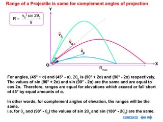 X
Y
O
v0
Rmax
α
α
45°
Range of a Projectile is same for complement angles of projection
v0
2
sin 2θ0
g
R =
For angles, (45° + α) and (45° - α), 2θ0
is (90° + 2α) and (90° - 2α) respectively.
The values of sin (90° + 2α) and sin (90° - 2α) are the same and are equal to
cos 2α. Therefore, ranges are equal for elevations which exceed or fall short
of 45° by equal amounts of α.
In other words, for complement angles of elevation, the ranges will be the
same.
i.e. for θ0
and (90° - θ0
) the values of sin 2θ0
and sin (180° - 2θ0
) are the same.
v0
v0
CONTENTS
 