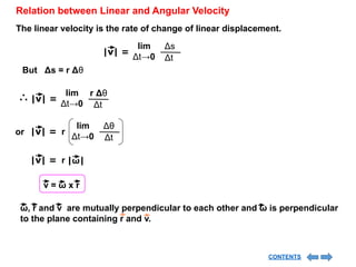 |v| =
Δs
Δt
lim
Δt→0
But Δs = r Δθ
|v| =
r Δθ
Δt
lim
Δt→0
|v| =
Δθ
Δt
lim
Δt→0
r
|v| = r |ω|
The linear velocity is the rate of change of linear displacement.
∴
or
ω, r and v are mutually perpendicular to each other and ω is perpendicular
to the plane containing r and v.
v = ω x r
Relation between Linear and Angular Velocity
CONTENTS
 