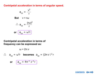 Centripetal acceleration in terms of angular speed.
acp
=
v2
r
But v = rω
∴ acp
=
(rω)2
r
or acp
= ω2
r
Centripetal acceleration in terms of
frequency can be expressed as:
ω = 2πν
∴ acp
= ω2
r becomes acp
= (2πν)2
r
or acp
= 4π 2
ν2
r
CONTENTS
 