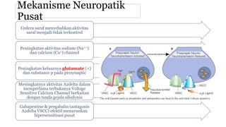Mekanisme Neuropatik
Pusat
Cedera saraf menyebabkan aktivitas
saraf menjadi tidak terkontrol
Peningkatan aktivitas sodium (Na++)
dan calcium (Ca+) channel
Peningkatan keluarnya glutamate (+)
dan substance p pada presynaptic
Meningkatnya aktivitas A2delta dalam
memperlama terbukanya Voltage
Sensitive Calcium Channel berkaitan
dengan tanda gejala allodynia
Gabapentine & pregabalin (antagonis
A2delta VSCC) efektif menurunkan
hipersensitisasi pusat
 