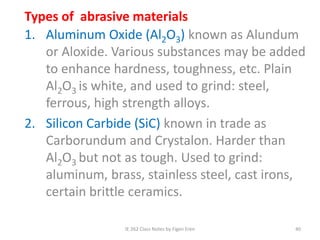 IE 262 Class Notes by Figen Eren 40
Types of abrasive materials
1. Aluminum Oxide (Al2O3) known as Alundum
or Aloxide. Various substances may be added
to enhance hardness, toughness, etc. Plain
Al2O3 is white, and used to grind: steel,
ferrous, high strength alloys.
2. Silicon Carbide (SiC) known in trade as
Carborundum and Crystalon. Harder than
Al2O3 but not as tough. Used to grind:
aluminum, brass, stainless steel, cast irons,
certain brittle ceramics.
 