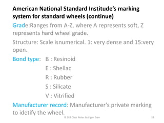 IE 262 Class Notes by Figen Eren 58
American National Standard Institude’s marking
system for standard wheels (continue)
Grade:Ranges from A-Z, where A represents soft, Z
represents hard wheel grade.
Structure: Scale isnumerical. 1: very dense and 15:very
open.
Bond type: B : Resinoid
E : Shellac
R : Rubber
S : Silicate
V : Vitrified
Manufacturer record: Manufacturer’s private marking
to idetify the wheel.
 