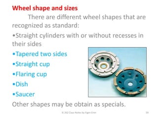 IE 262 Class Notes by Figen Eren 59
Wheel shape and sizes
There are different wheel shapes that are
recognized as standard:
•Straight cylinders with or without recesses in
their sides
•Tapered two sides
•Straight cup
•Flaring cup
•Dish
•Saucer
Other shapes may be obtain as specials.
 