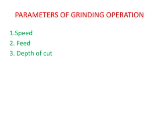 PARAMETERS OF GRINDING OPERATION
1.Speed
2. Feed
3. Depth of cut
 